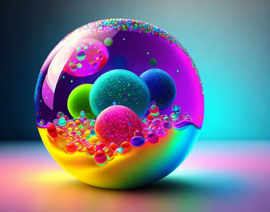 Colorful Digital Art: Glossy Sphere with Bubbles on Gradient Background