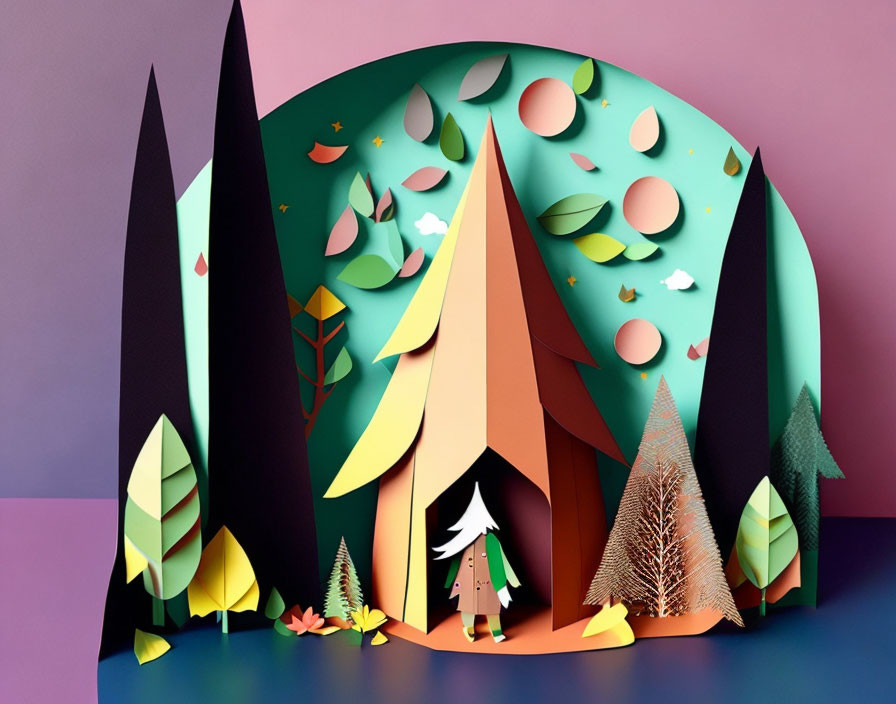 Vibrant forest scene paper art with stylized trees and figure on pink-purple backdrop