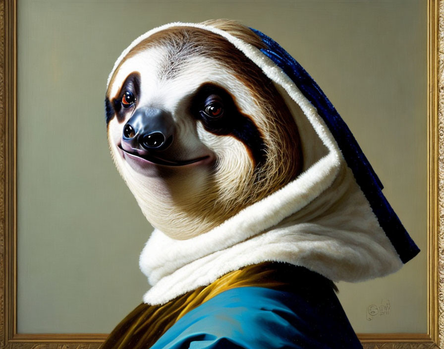 Classical-style portrait with sloth's head overlay