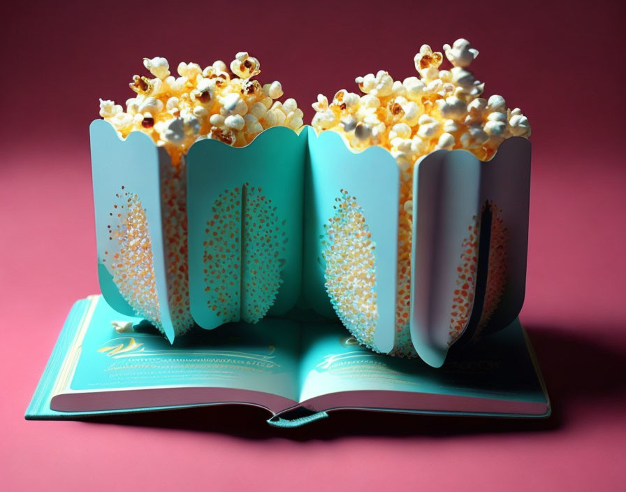 Open book transformed into popcorn container overflowing against pink background