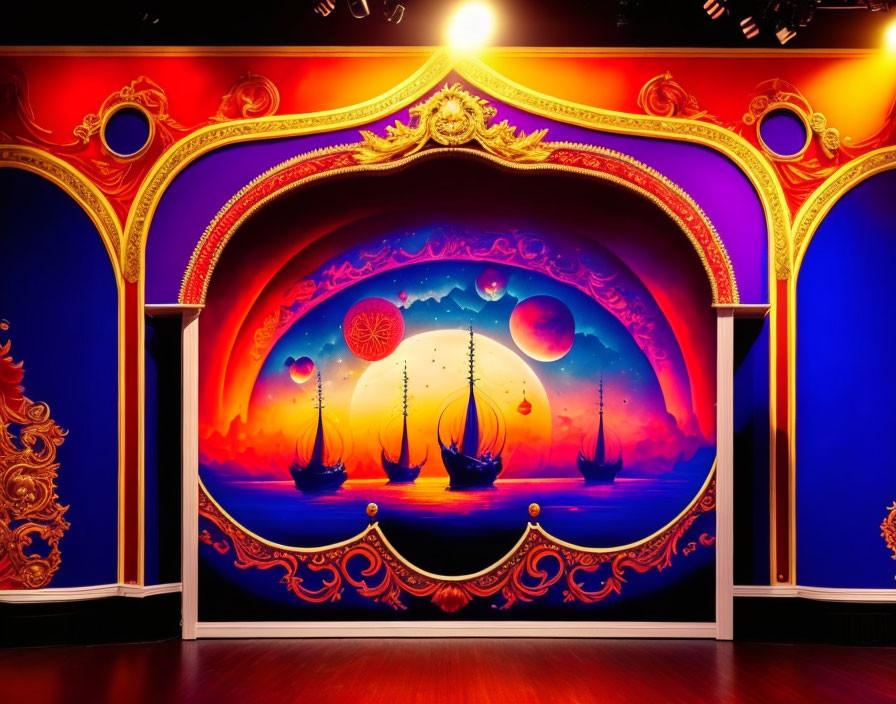 Theater stage with ornate golden frame and sailing ships backdrop