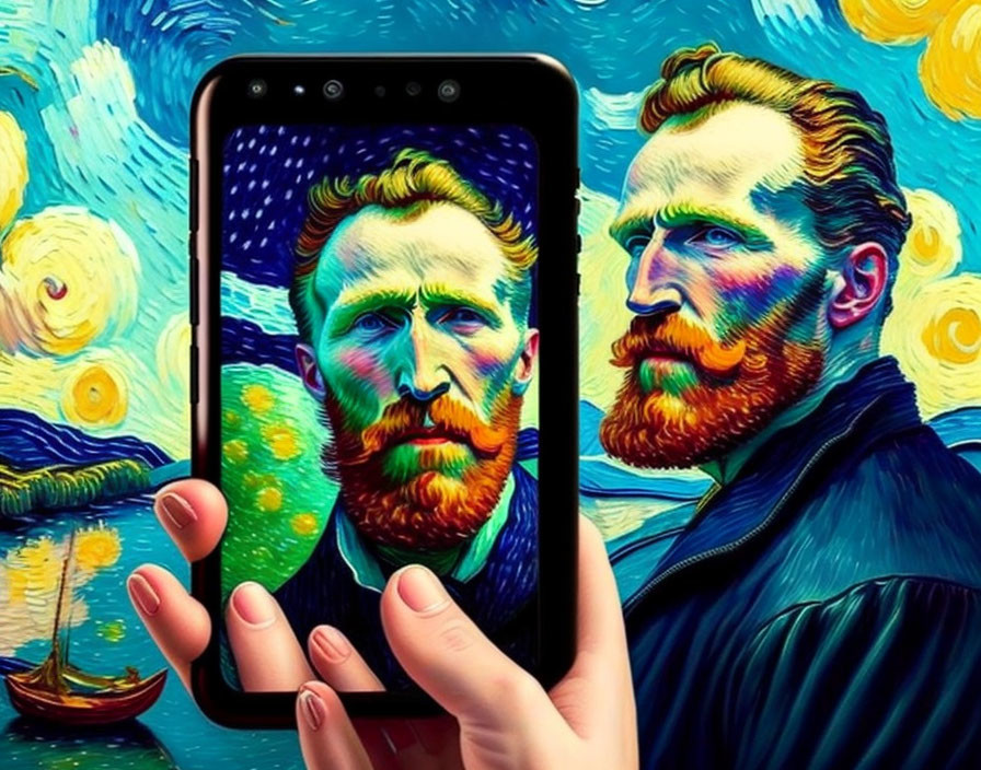 Vincent van Gogh-inspired smartphone image blending with "Starry Night" background held by hand