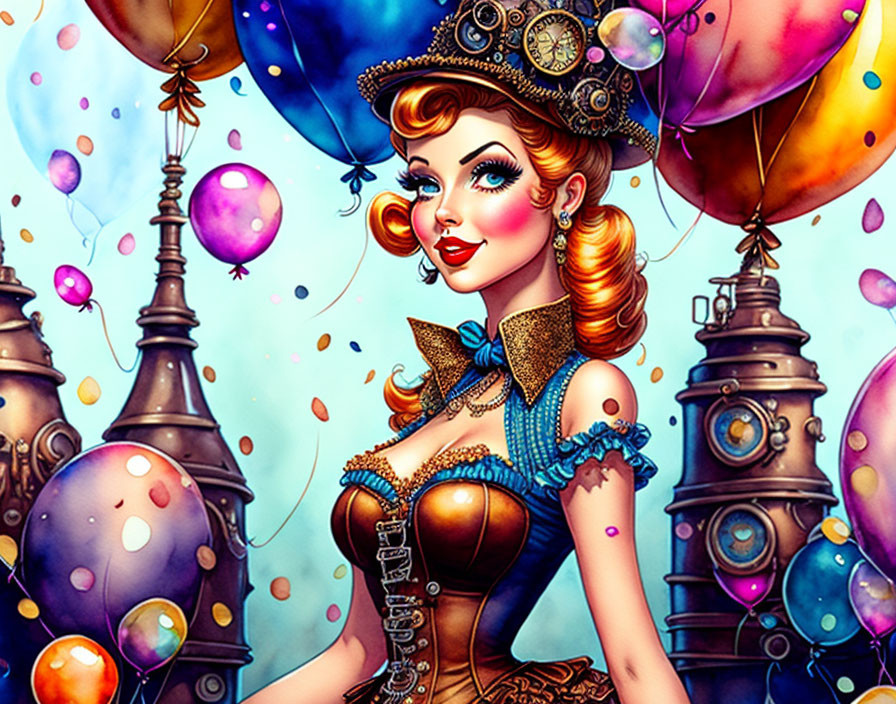 Steampunk-themed illustration of woman with top hat and flying balloons