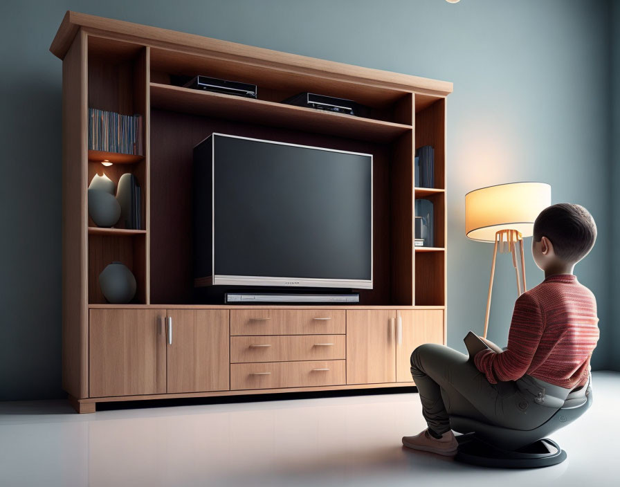 Person reading book by floor lamp next to TV unit with large screen TV