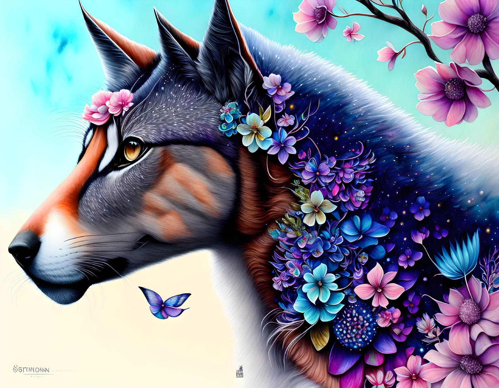 Colorful Fox Profile with Flowers and Butterfly on Blue Sky