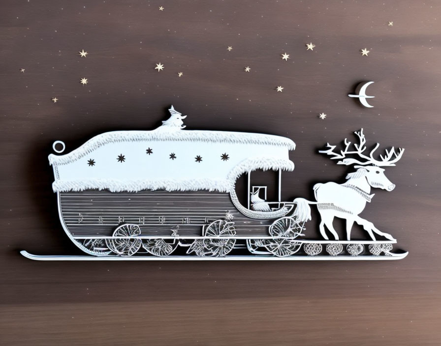 Snow-covered steam train 3D wooden puzzle model with reindeer, stars, and crescent moon