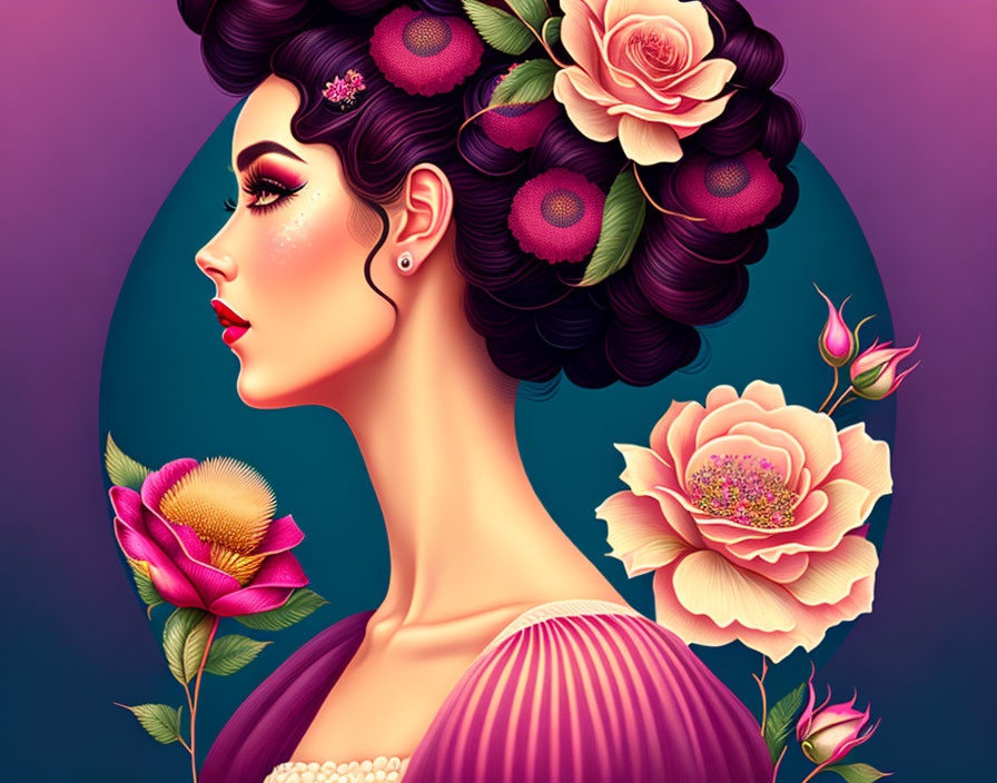 Colorful Woman with Flower Hair in Dramatic Profile Illustration