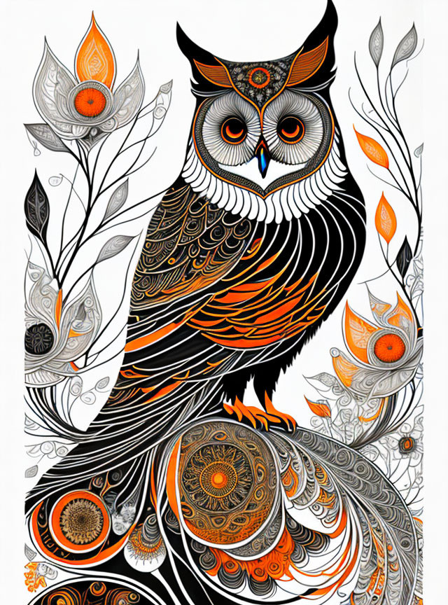 Detailed Owl Illustration with Orange, Black, and White Patterns