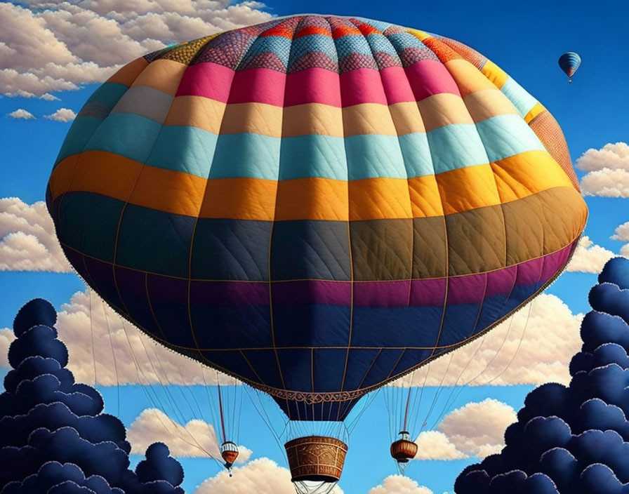 Vibrant hot air balloons in blue sky with fluffy clouds