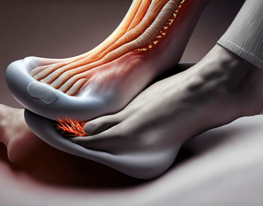 Foot pressing on soft surface with fiery effects - muscle impact and deformation shown