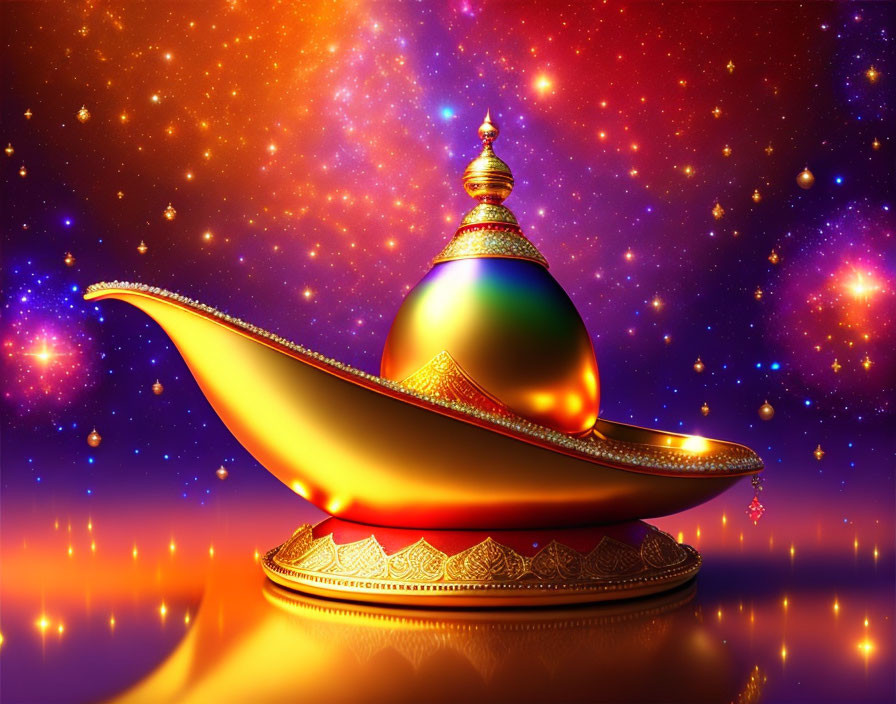 Golden magic lamp against cosmic background with glowing lights