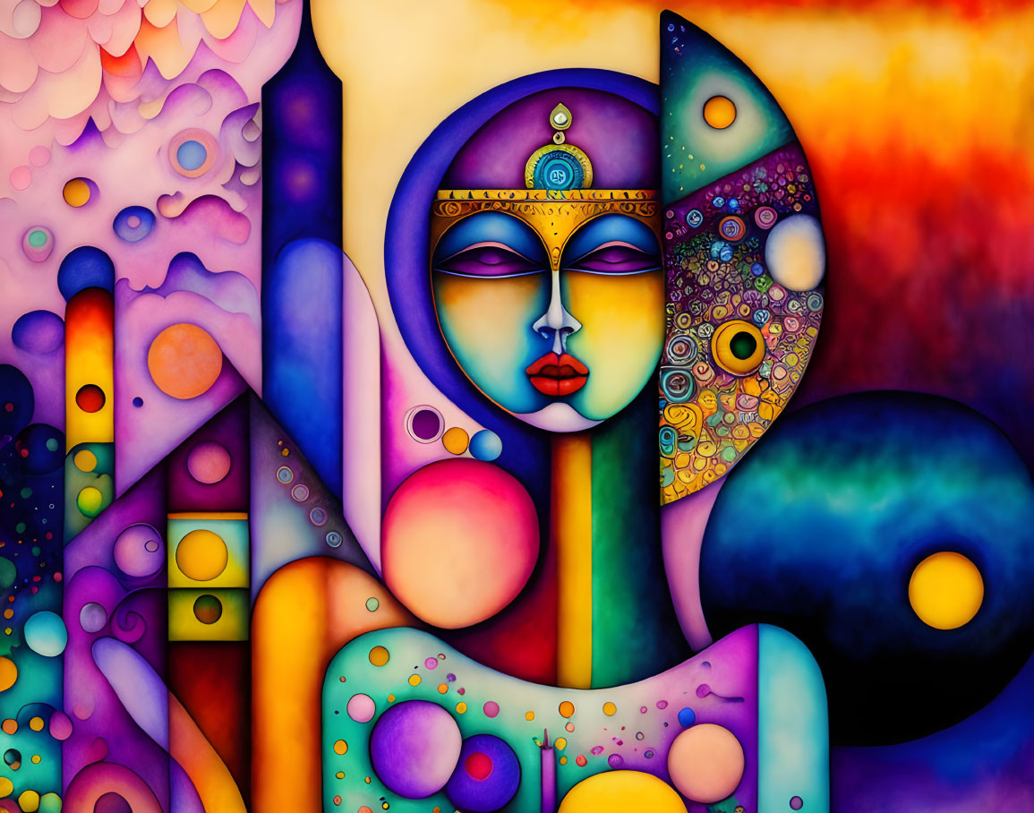 Vibrant abstract art: humanoid face with symmetrical patterns, orbs, whimsical shapes on warm