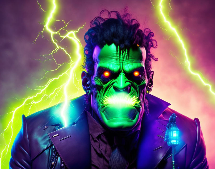 Person with Green Glowing Face and Purple Highlights in Futuristic Style Against Yellow Lightning Bolts