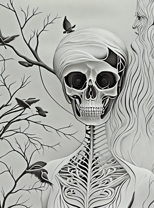 Detailed monochrome skeletal figure with birds, tree branches, and wispy figure.