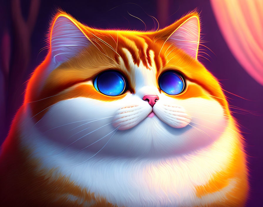 Colorful illustration of plump cat with blue eyes in purple glow