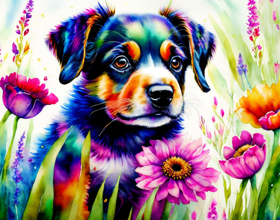 Colorful Watercolor Painting: Multicolored Puppy & Bright Flowers