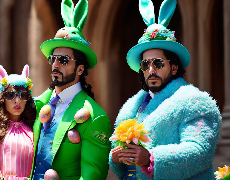 Two individuals in Easter costumes with bunny ears, posing among columns