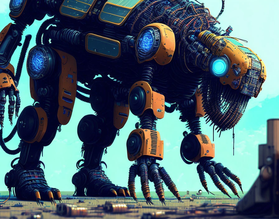 Futuristic digital art: mechanical creature in futuristic landscape