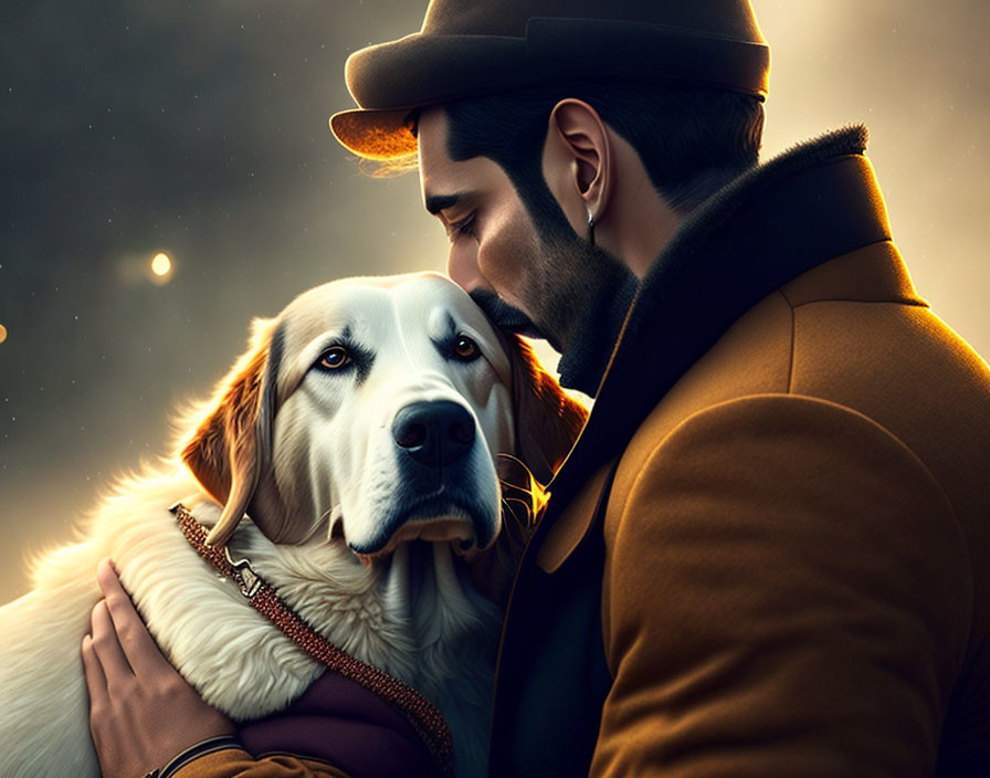 Man in hat and coat embraces large dog at dusk