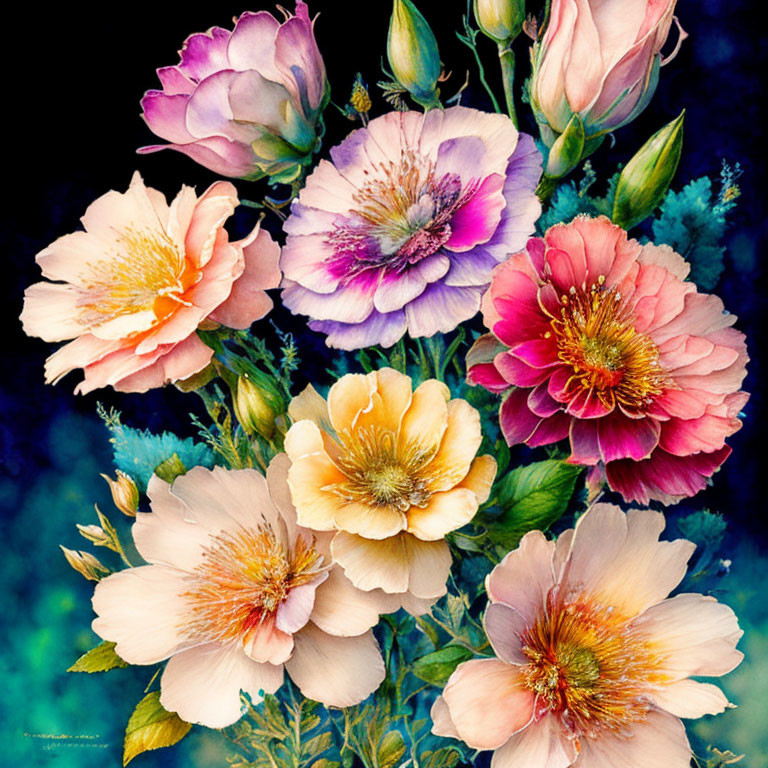 Colorful Bouquet of Pink, Purple, Peach, and Yellow Flowers on Dark Background