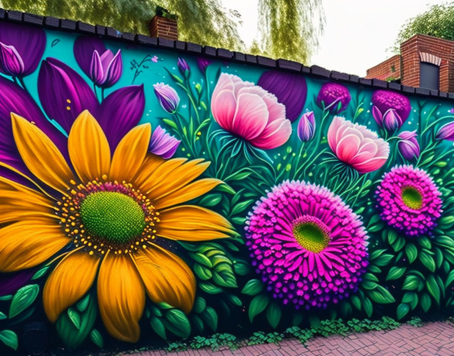 Colorful oversized flower mural on vibrant street art display