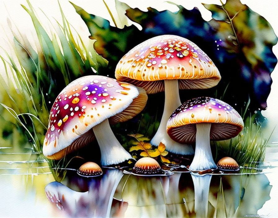 Vibrant red-capped mushrooms with white spots near water, reflecting in green surroundings.