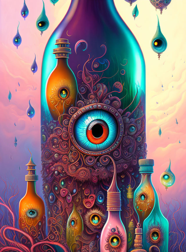 Colorful surreal artwork: ornate bottles, large eye, swirling patterns, floating droplets