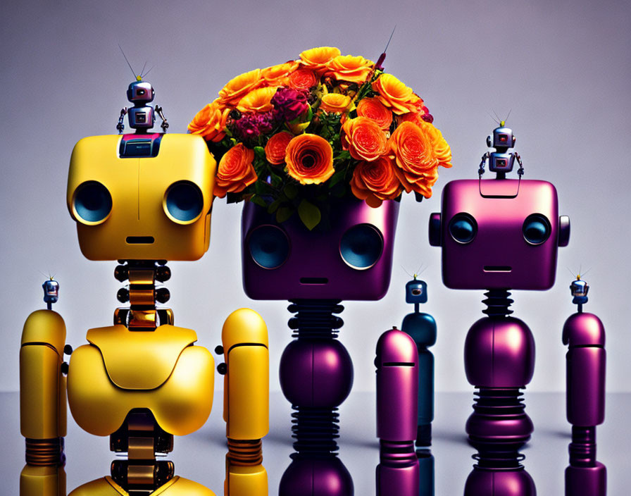 Colorful robots with expressive eyes and small robots on their heads beside vibrant flowers on purple backdrop