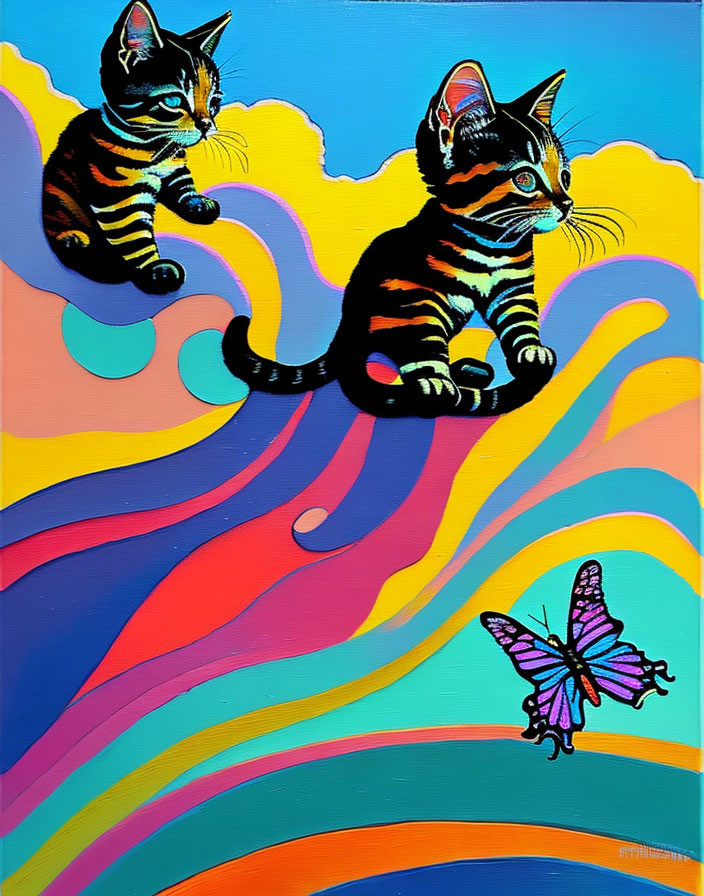 Stylized kittens on colorful stripes with purple butterfly in vibrant background