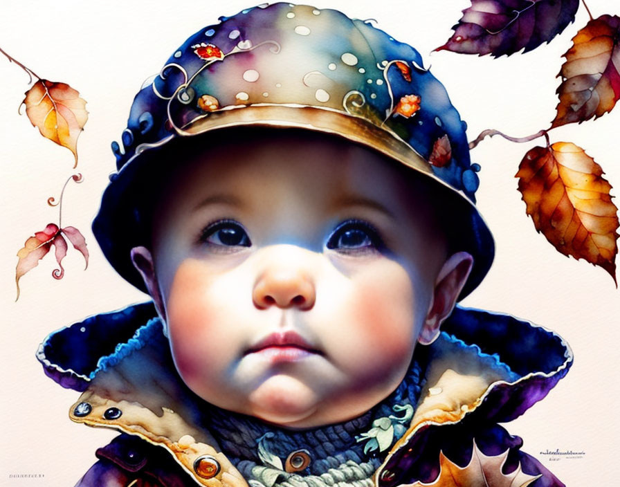 Baby with large eyes in colorful helmet among autumn leaves