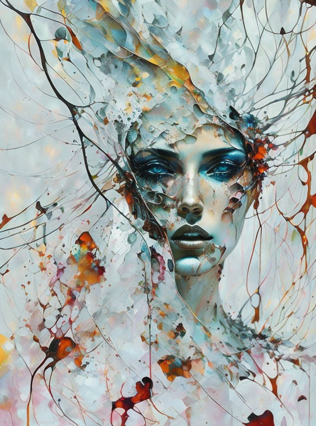 Surreal portrait of a woman with abstract watercolor elements and floral adornments