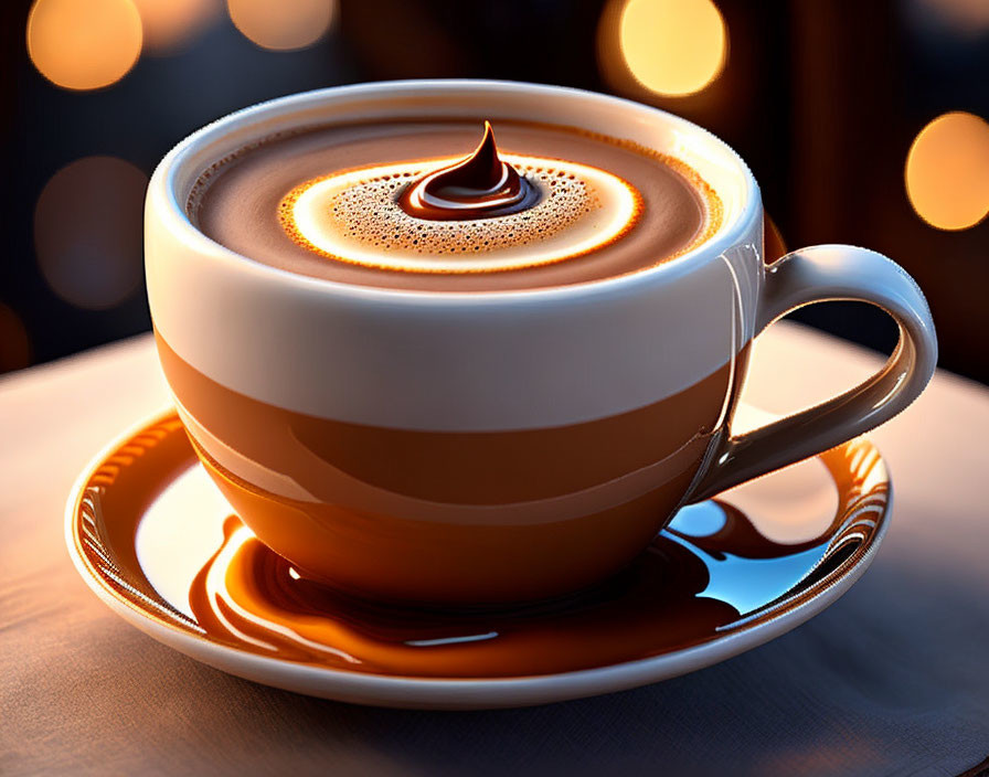 Heart-shaped latte art and chocolate syrup drizzle on a latte cup.