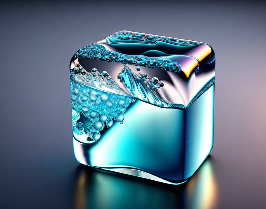 Transparent Ice Cube with Liquid Splash and Bubbles in 3D Illustration