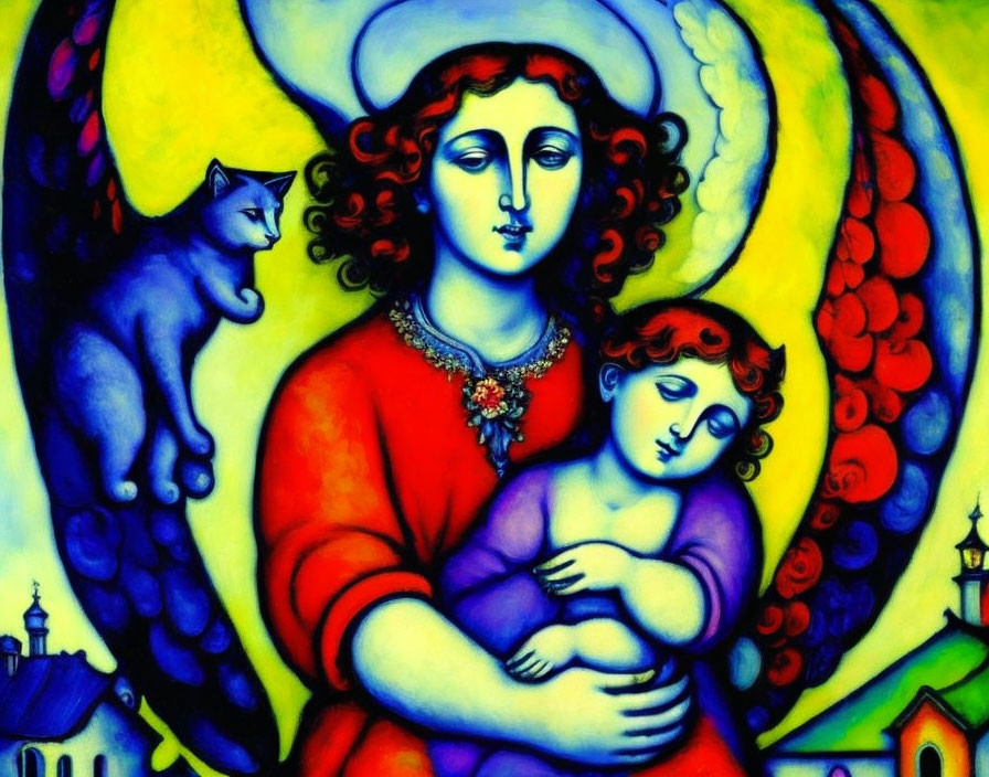 Vivid Folk Art Painting of Winged Figure with Child and Cat