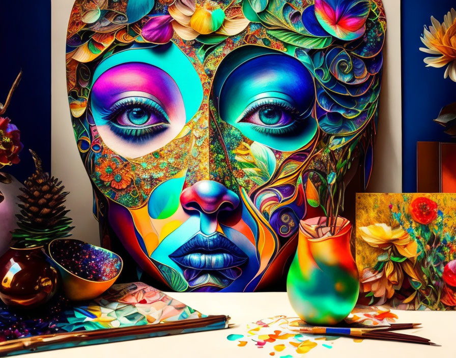 Colorful Artwork Featuring Stylized Face and Floral Patterns