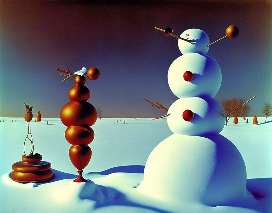 Stylized snowmen in whimsical winter scene