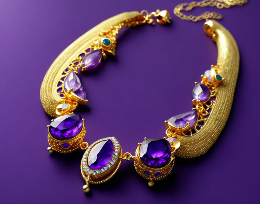 Gold Necklace with Purple Gemstone Pendants on Purple Background