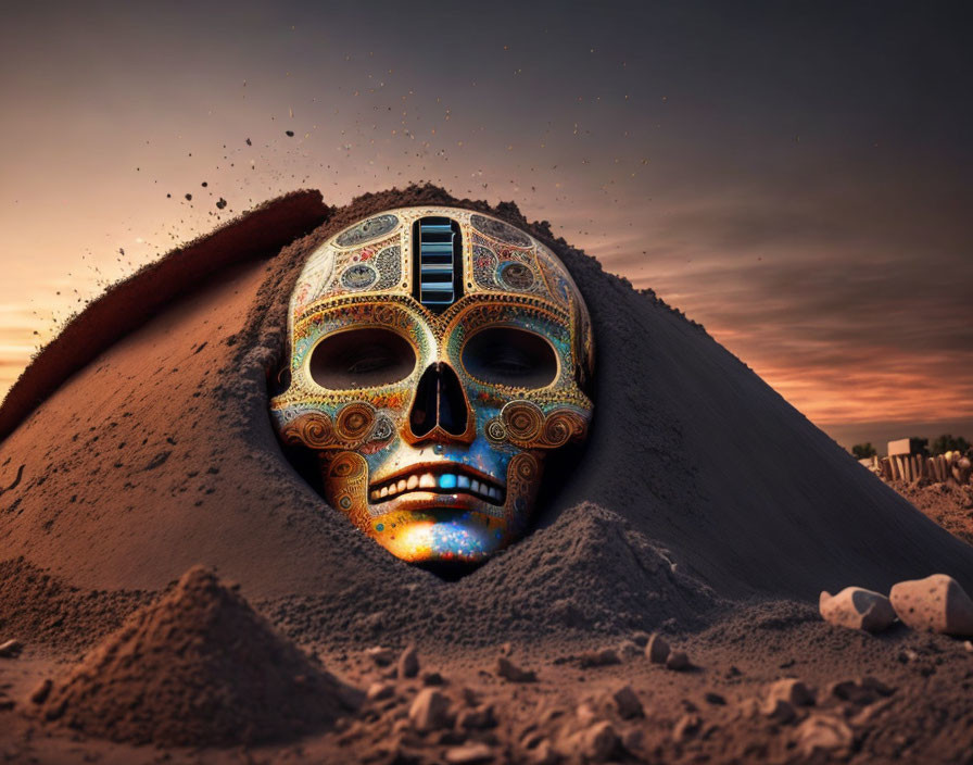 Tribal mask partially buried in desert sand at sunset