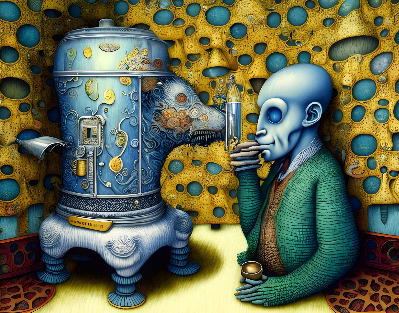 Surreal artwork: Elephant samovar pours tea for blue humanoid