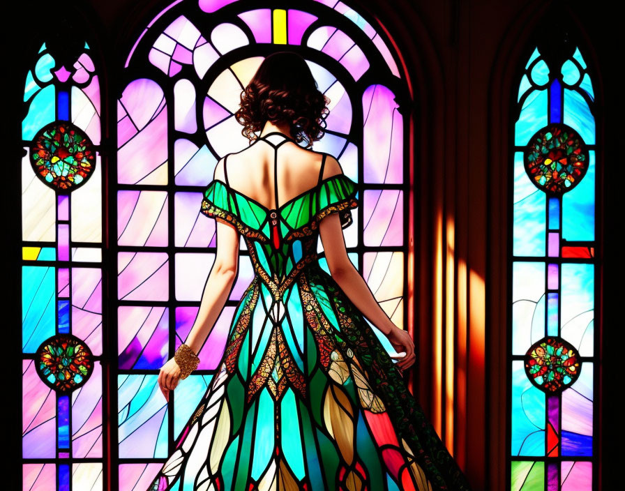 Elaborate butterfly-themed dress woman in front of colorful stained glass windows