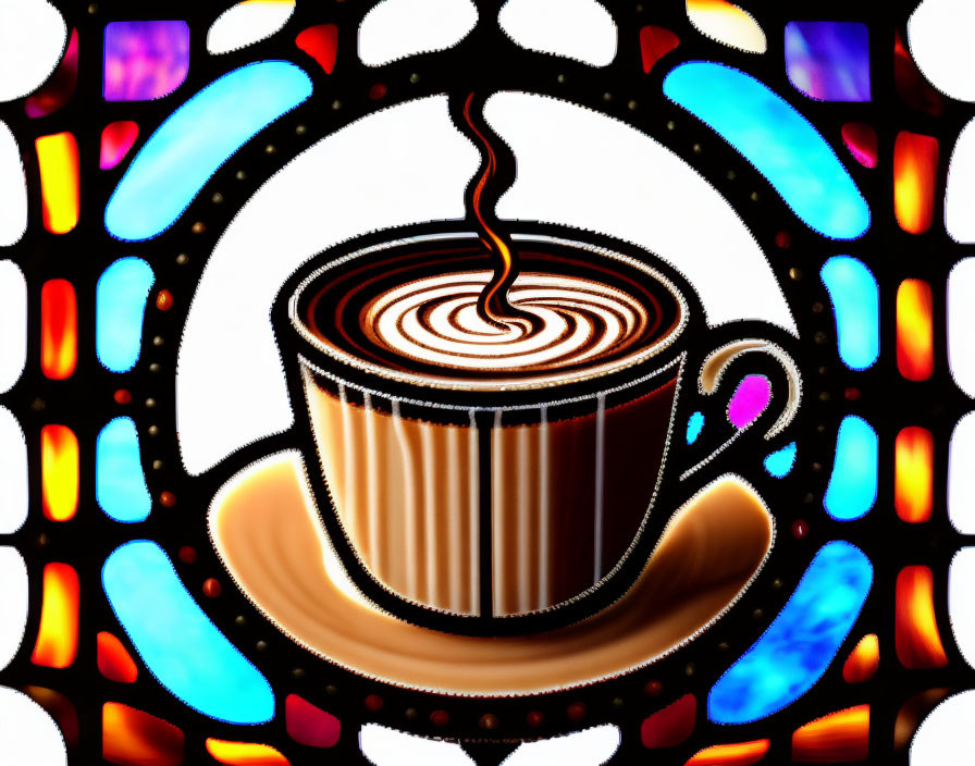 Colorful Stained Glass Background with Hot Coffee Cup and Steam