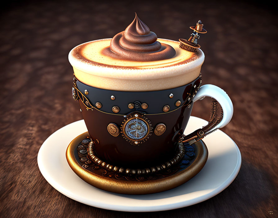 Steampunk-themed coffee cup with creamy swirl topping and metal details