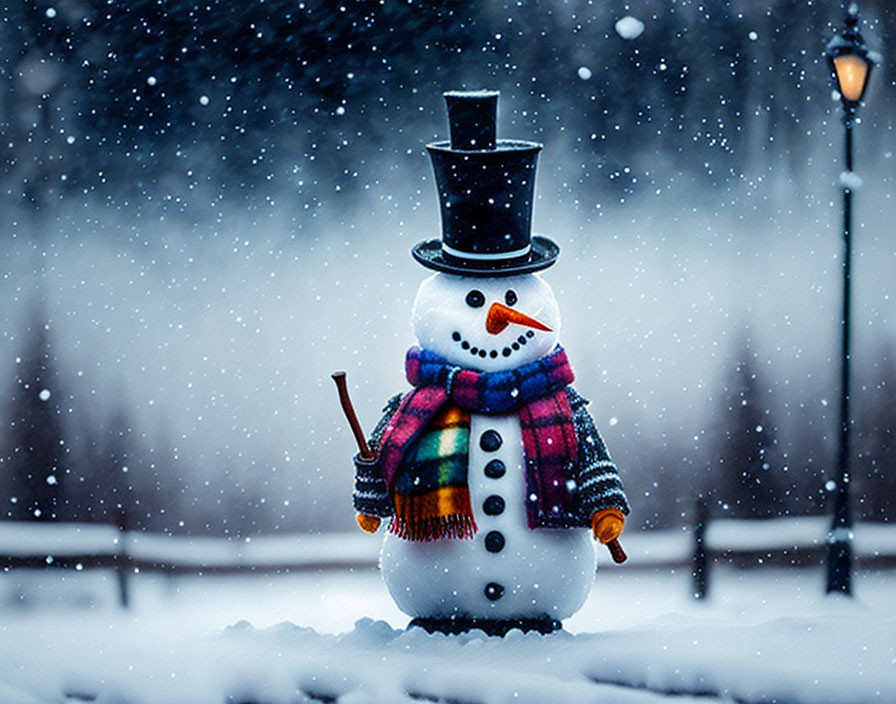 Snowman with top hat, scarf, buttons in falling snow near lamp post