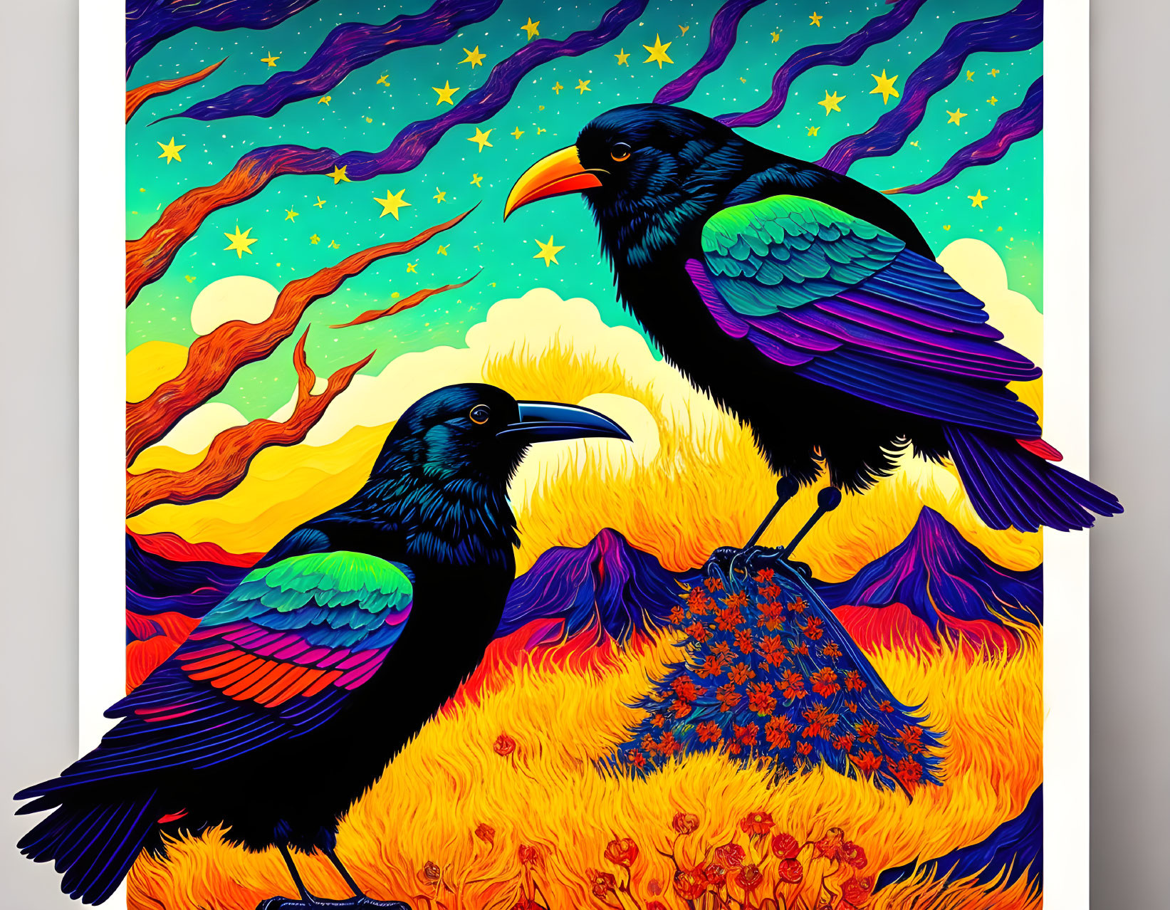 Vibrant ravens on colorful flora under starry sky