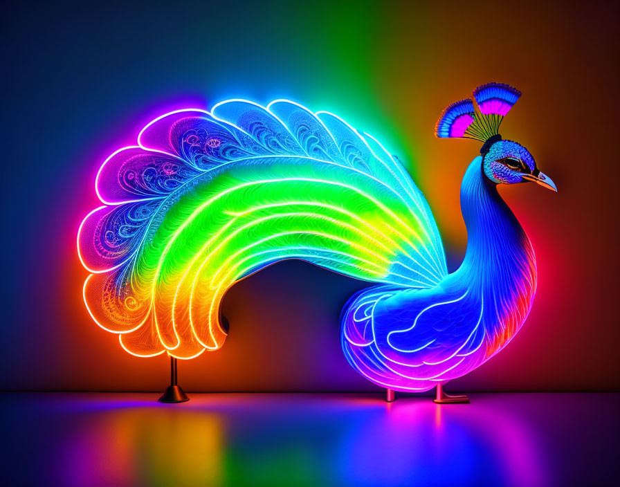 Colorful Neon-lit Peacock Artwork on Gradient Background