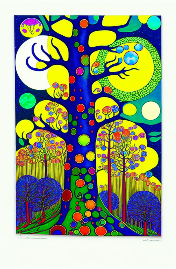 Colorful Psychedelic Art Poster with Trees and Swirling Branches