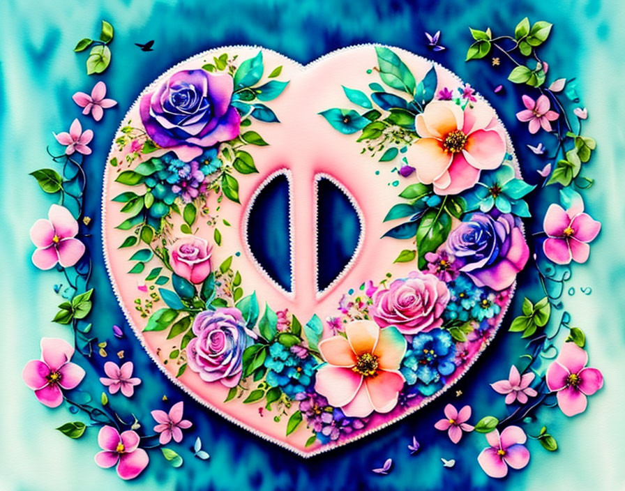 Colorful Heart Illustration with Flowers, Leaves, and Peace Symbol on Blue Background