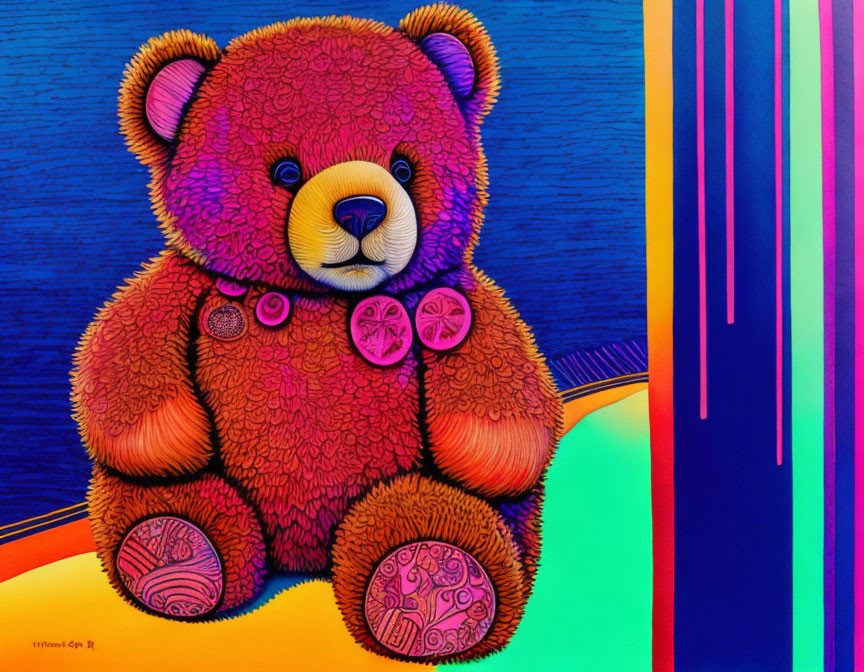 Colorful Teddy Bear Illustration on Blue Background with Abstract Stripes