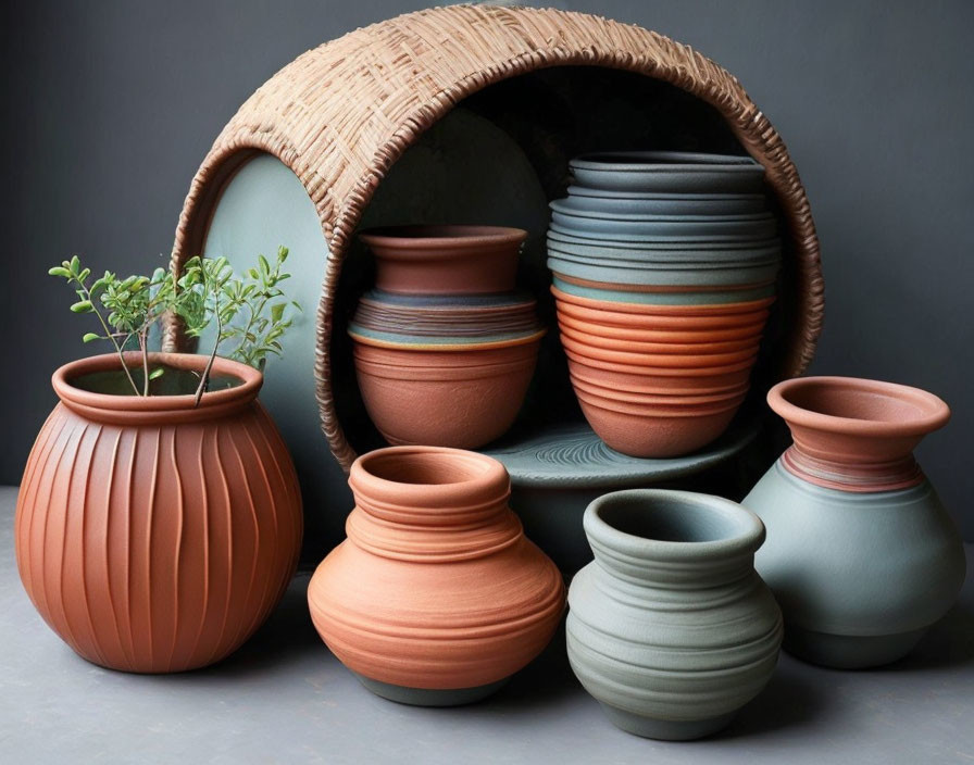 Various ceramic pots in warm earthy tones with woven basket on dark background