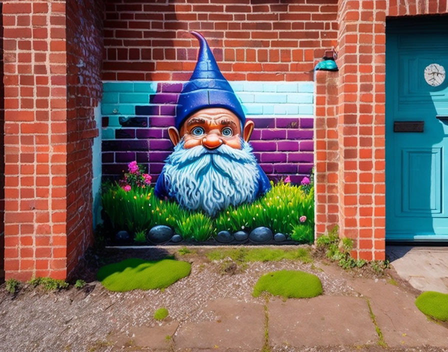 Vibrant garden gnome mural on brick wall with teal door, surrounded by greenery